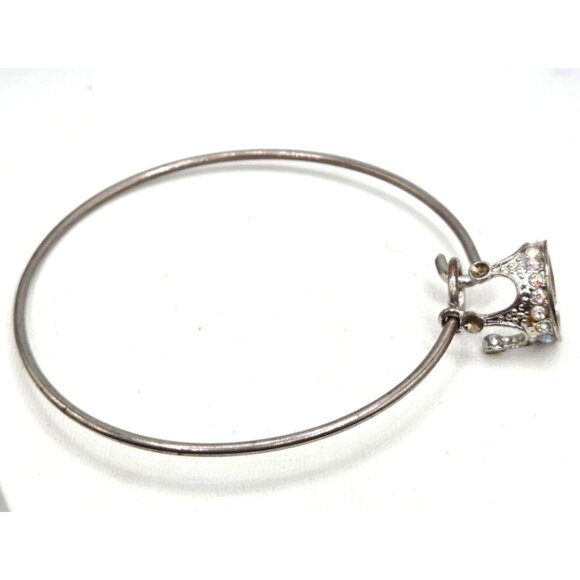Silver Adjustable Bangle Bracelet With Crown Charm & Rhinestone Accents - Picture 2 of 4